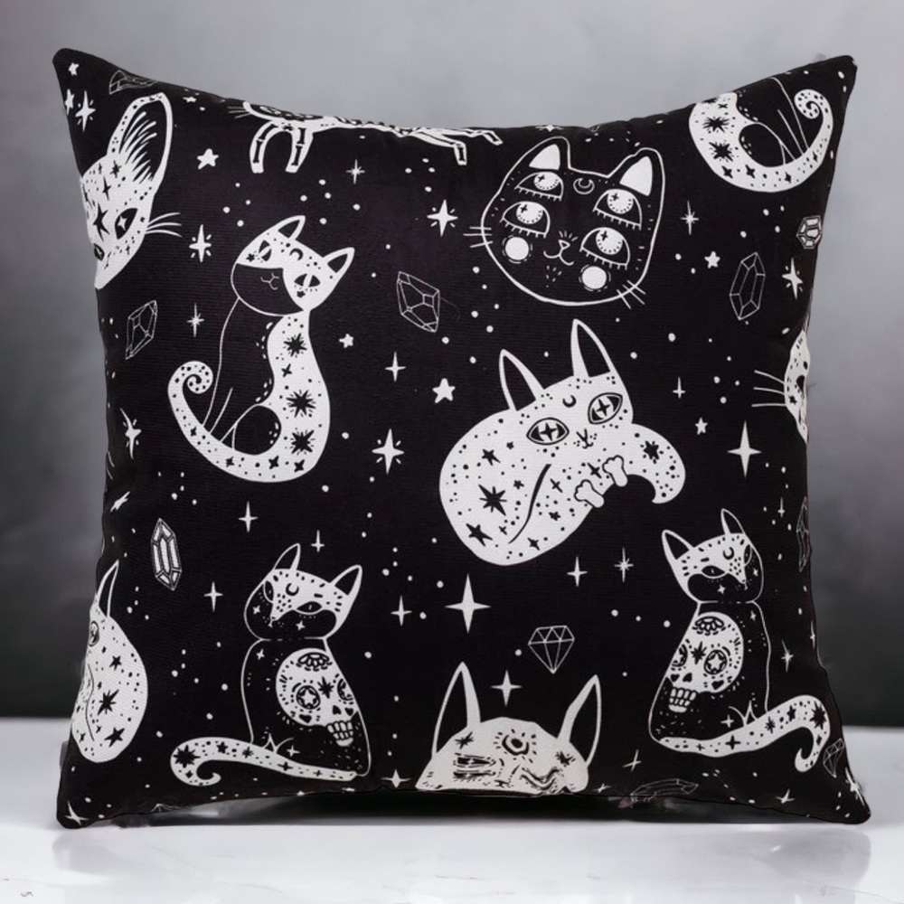 Pillow Cover Celestial Cat Moon Stars Black White Large Square 17.7 in
